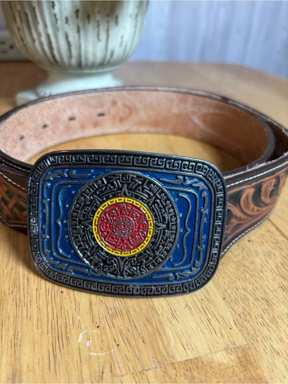 Justin Tooled Leather Belt Enamel Aztec Calendar Buckle Made in Mexico Western